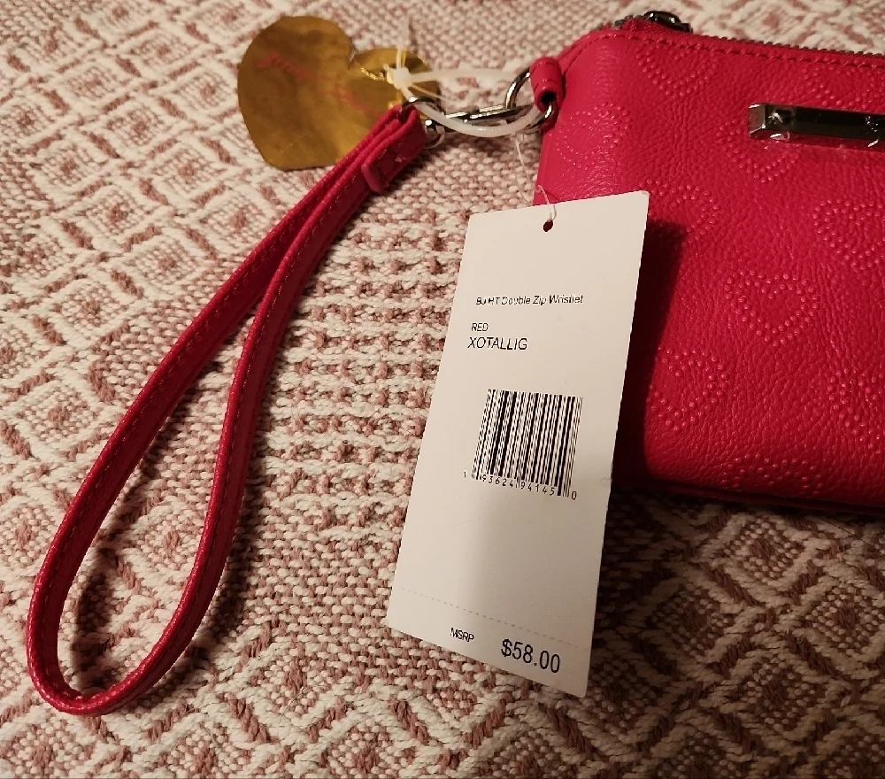 Betsey Johnson Red Faux Leather Double Zip Wristlet Embossed Hearts NWT